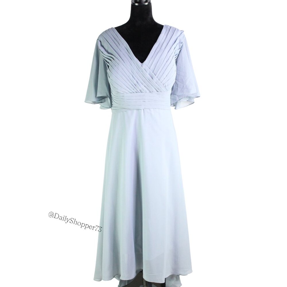 Ryanth Women's Plus Powder Blue Chiffon Pleated V-Neck High-Low Midi Dress